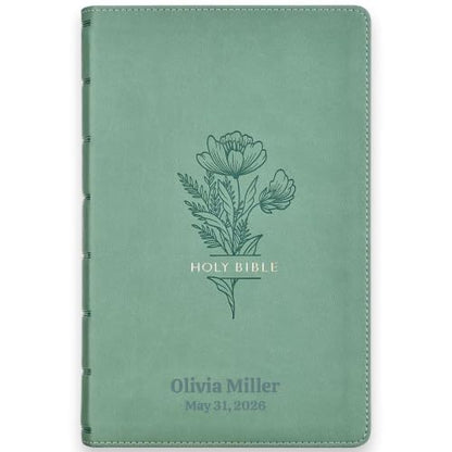 Personalized King James Version Giant Print Bible for Adults - Dusty Green Teal Floral Edition with Name Engraved