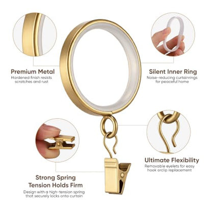 18 pcs Brushed Gold Curtain Rings with Clips, 1-5/8 Inch Quiet Drapery Rings
