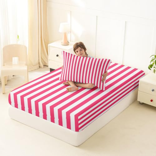 Kids Twin Size Red White Striped Fitted Sheet No Top Sheet - Elastic Corners
