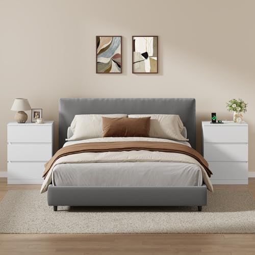 Nightstands Set of 2 with Charging Station, 3 Drawers, White - Medium