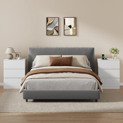 Nightstands Set of 2 with Charging Station, 3 Drawers, White - Medium