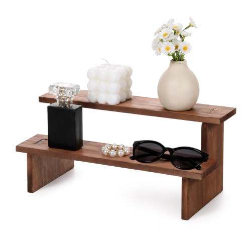 Wooden Display Riser Shelf 2-Tier Rustic Rectangle Stand 5x12x5.4 Inch
