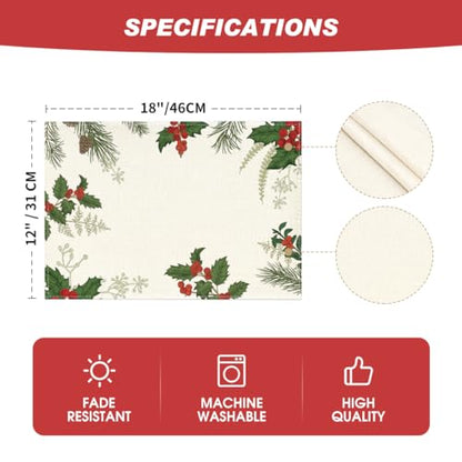 Christmas Holly Pine Cone Placemats Set of 4 - 12x18 Inch Seasonal Table Mats