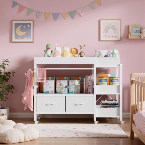 Baby Changing Table with Storage and Locking Wheels - White Nursery Organizer