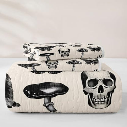 Feelyou Halloween Goth Skull Quilt Set with Black and White Variation Queen Bedding