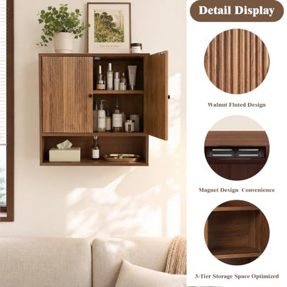 Wall Cabinet with Fluted Double Doors - 3-Tier Wall Storage for Bathroom & Kitchen - Variation of Wall Cabinet