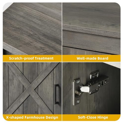 65-Inch TV Stand with Barn Doors and Adjustable Shelf, Rustic Grey - 59" without Fireplace