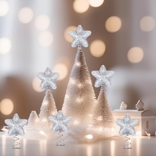 Mini Silver Star Christmas Tree Topper Glitter 12 Pack - Holiday Decor