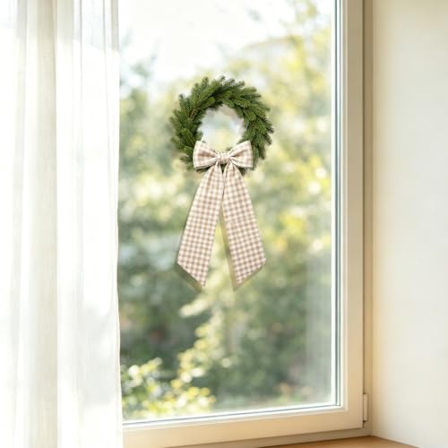 Beige Gingham Wreath Sash for Front Door - 2 Pcs with Bow - Fall & Seasonal Decor