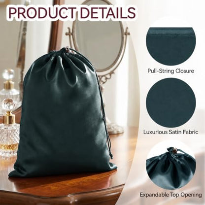 Dark Green Satin Toy Storage Bags 6 Pcs Drawstring Pouch Set in 3 Sizes