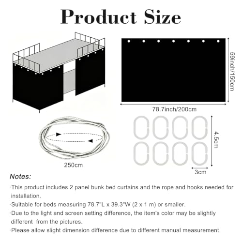 Black Bunk Bed Curtains Blackout Privacy Canopy Drapes - Black, 2 Panels