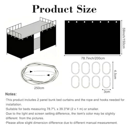 Black Bunk Bed Curtains Blackout Privacy Canopy Drapes - Black, 2 Panels