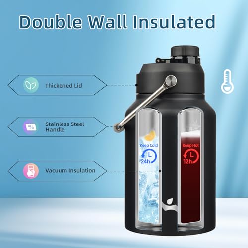 Half Gallon Jug with Handle,64oz Insulated Water Bottle with Carrying Pouch,Double Wall Vacuum Stainless Steel Metal Bottle,Black