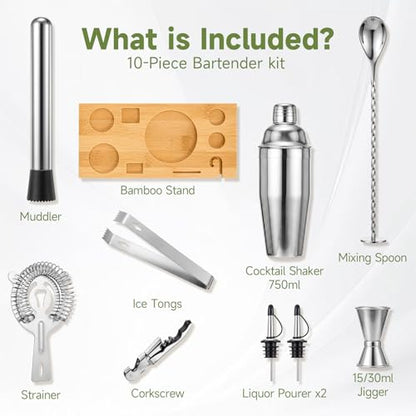 Stainless Steel Cocktail Shaker Set with Stand - Bartender Kit for Home Bar