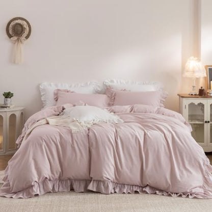 Ruffle Duvet Cover Set Queen 100% Washed Cotton Linen Feel Grayish Pink