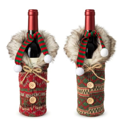 Christmas Santa Wine Bottle Cover Set - Style C, Plush Hat & Scarf, Holiday Table Decor