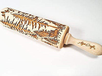 FOREST embossing rolling pin. Engraved wooden embossed dough roller for embossed cookies or clay by Algis Crafts