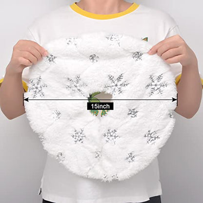 White Faux Fur Christmas Tree Skirt - 15 Inch Snow White Holiday Decor - Silver Trim, Variation: White & Silver 15in