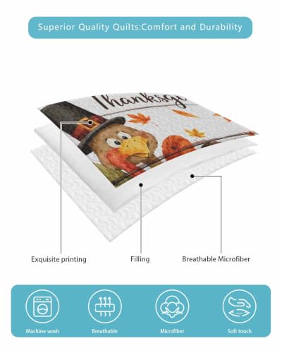 Turkey Thanksgiving Quilts King Size Fall Wooden Pumpkin Berry Soft Comforter Set - Distressed White