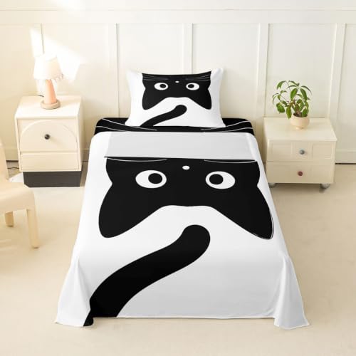 Black Cat Bed Sheets Twin Size with Deep Pockets and Vibrant Prints - Kids Bedding Set