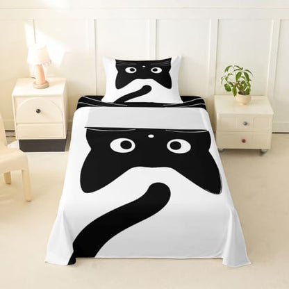 Black Cat Bed Sheets Twin Size with Deep Pockets and Vibrant Prints - Kids Bedding Set