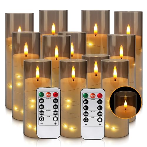 Grey Flickering Flameless Candles Set of 12 with Remote - Realistic Moving Wick