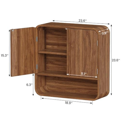 Vabches Walnut Fluted Bathroom Wall Cabinet, 23.6 Inch Tall Storage