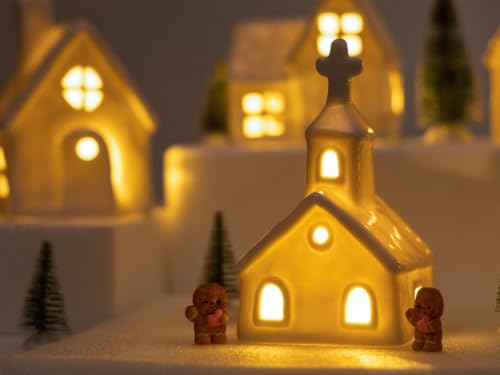 Christmas Village Set with Lighted Ceramic Houses, Trees & Figurines - Indoor Holiday Decor