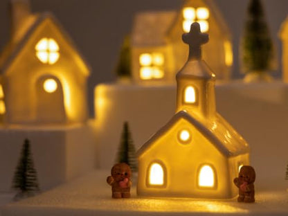 Christmas Village Set with Lighted Ceramic Houses, Trees & Figurines - Indoor Holiday Decor