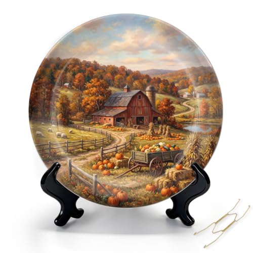 10-Inch Autumn Countryside Ceramic Plate with Stand & Wall Hook - Red Barn & Pumpkins Decor - Variation 3