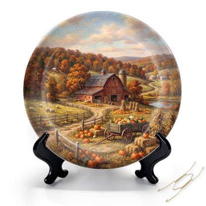 10-Inch Autumn Countryside Ceramic Plate with Stand & Wall Hook - Red Barn & Pumpkins Decor - Variation 3