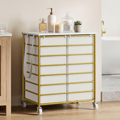 Double Laundry Hamper with Wheels and Lid - 115L Gold Rolling Basket