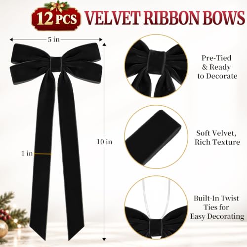 Milimot Black Velvet Christmas Bow Set - 12 Pcs, 5 x 10 Inches, 1 Inch Ribbon, Double Layer Tails, Elegant Holiday Decor
