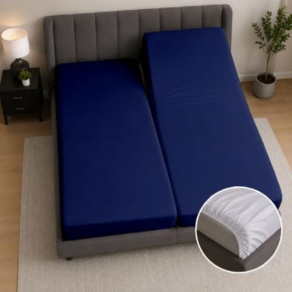 Navy Blue Split Queen Fitted Sheet Set - 12-Inch Deep Pocket, 2 Sheets & Pillowcases