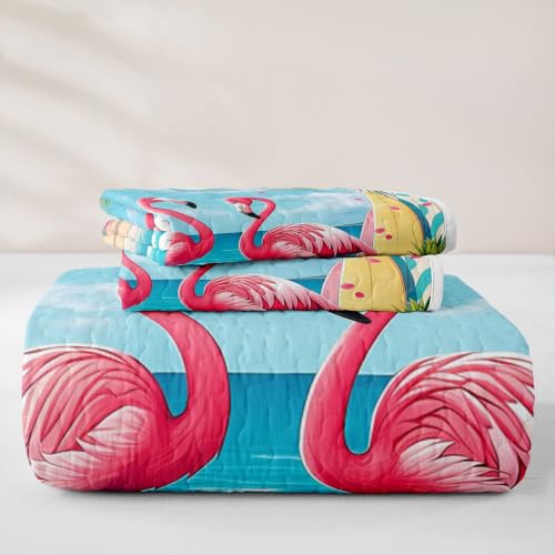 Pink Flamingo Queen Quilt Bedding Set with Pillow Shams - Tropical Beach Decor