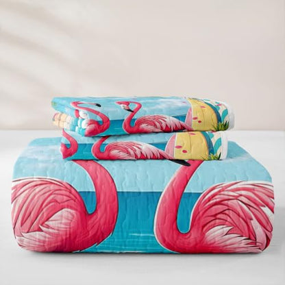 Pink Flamingo Queen Quilt Bedding Set with Pillow Shams - Tropical Beach Decor