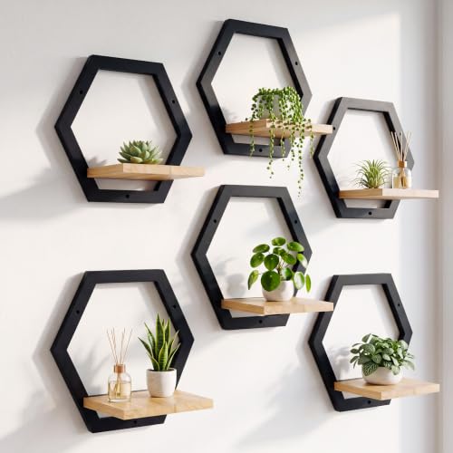 Novabright Black Solid Wood Wall Plant Holder Shelves Set of 6 Indoor Garden Decor