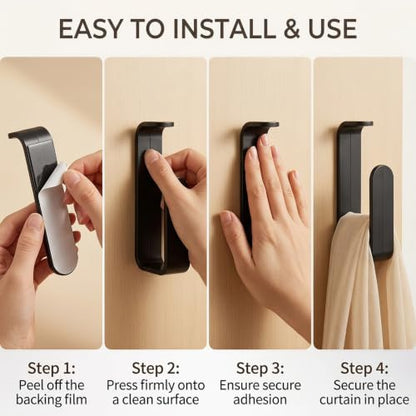 No Drill Adhesive Curtain Holdbacks - L-Shaped Black Plastic Set of 2