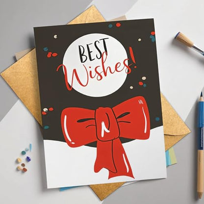 Christmas Greeting Card with Red Ribbon Bow - Elegant Holiday Note Card for Friends & Family (12 Pack)