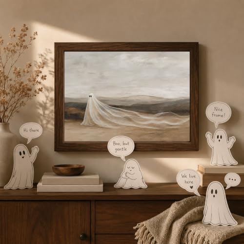 Halloween Ghost Wall Art - Framed Vintage Landscape Print, 10x8 in - Cute Ghost Variation
