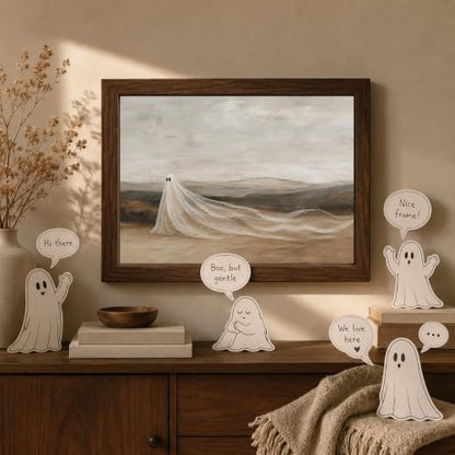 Halloween Ghost Wall Art - Framed Vintage Landscape Print, 10x8 in - Cute Ghost Variation