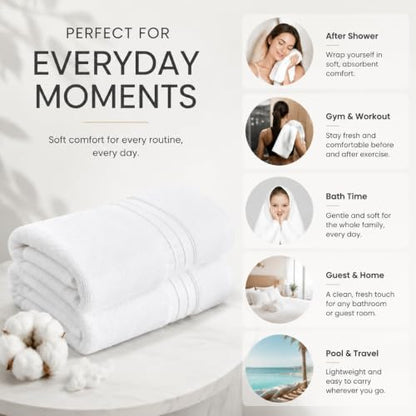 White Extra Large Cotton Bath Towels 2 Pack 30 x 56 Inches - Soft & Absorbent