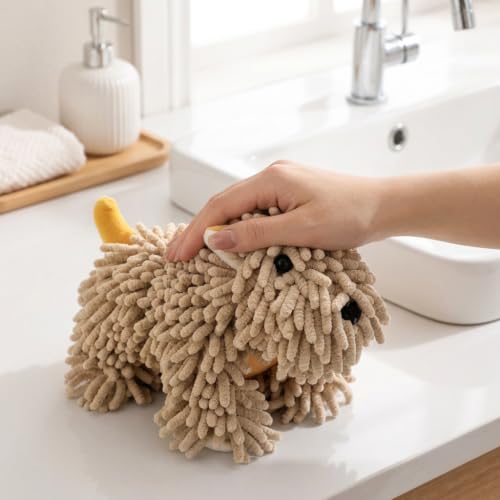Brown Dog Hand Towel - Puppy Shaped Absorbent Chenille for Bathroom & Kitchen