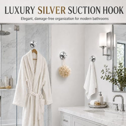 Suction Cup Shower Hooks - Silver 2 Pack No Drill Bathroom Towel & Robe Hangers