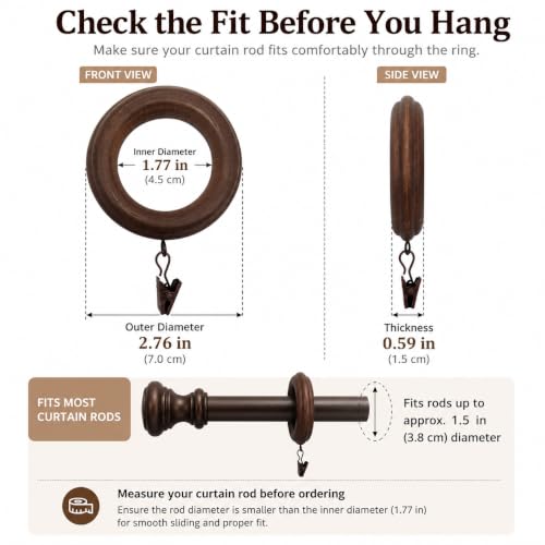 Wood Curtain Rings with Clips - 1.77" Inner Diameter, Walnut Finish, Set of 12