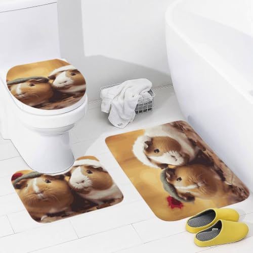 Cute Guinea Pigs Bathroom Rugs Set 3-Piece Floor Mat and Toilet Cover