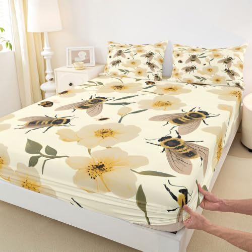 Kids Queen Size Floral Fitted Sheet Set with Pillowcases - Yellow, 60x80 Inches