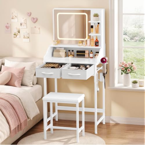 Kitsure 23.6W Small Vanity Desk with Mirror, Lights & Power Outlet - 15.8"D x 23.6"W x 50.6"H