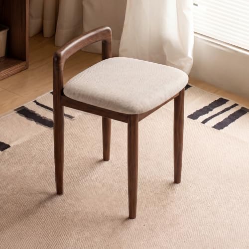 Vanity Stool Oak Wood with Walnut-White Finish — Solid Oak Home Vanity Chair, 14.29 W x 14.56 D x 20.67 H (Variation: Walnut-White)