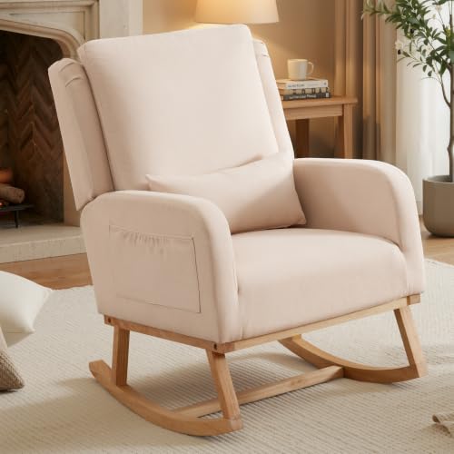 Nursery Glider Rocking Chair with Lumbar Pillow Beige - Modern Upholstered Nursery Chair for Bedroom & Living Room